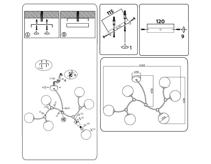 TR2555/6 BK/SB черный/бронза E27/6 max 60W 1160*600*450